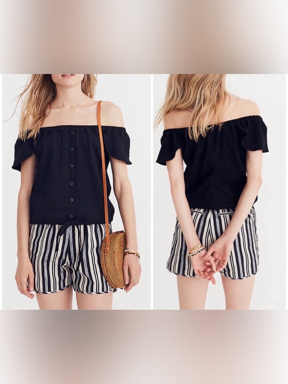 Madewell Black Texture & Thread Woven Off The Shoulder Boho Peasant Top Size M